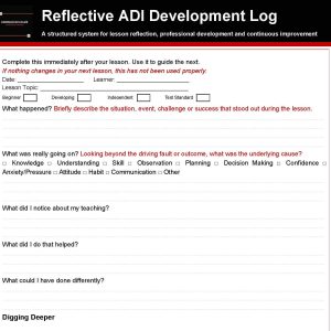 ADI Development Log, 50 A4 reflective development sheets for driving instructors