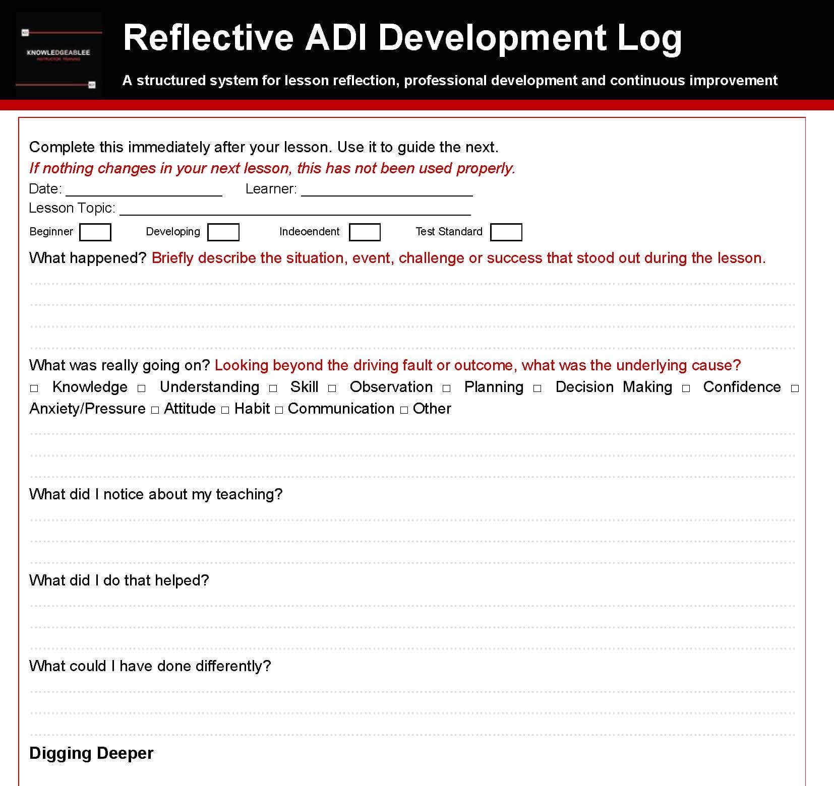 ADI Development Log, 50 A4 reflective development sheets for driving instructors